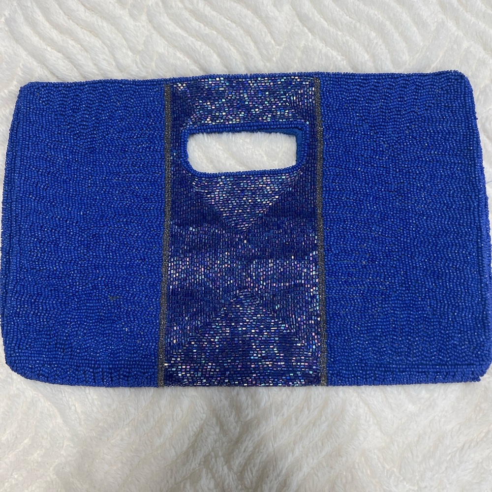 Vintage Blue Beaded Clutch Bag Handheld Evening Bag Statement Purse